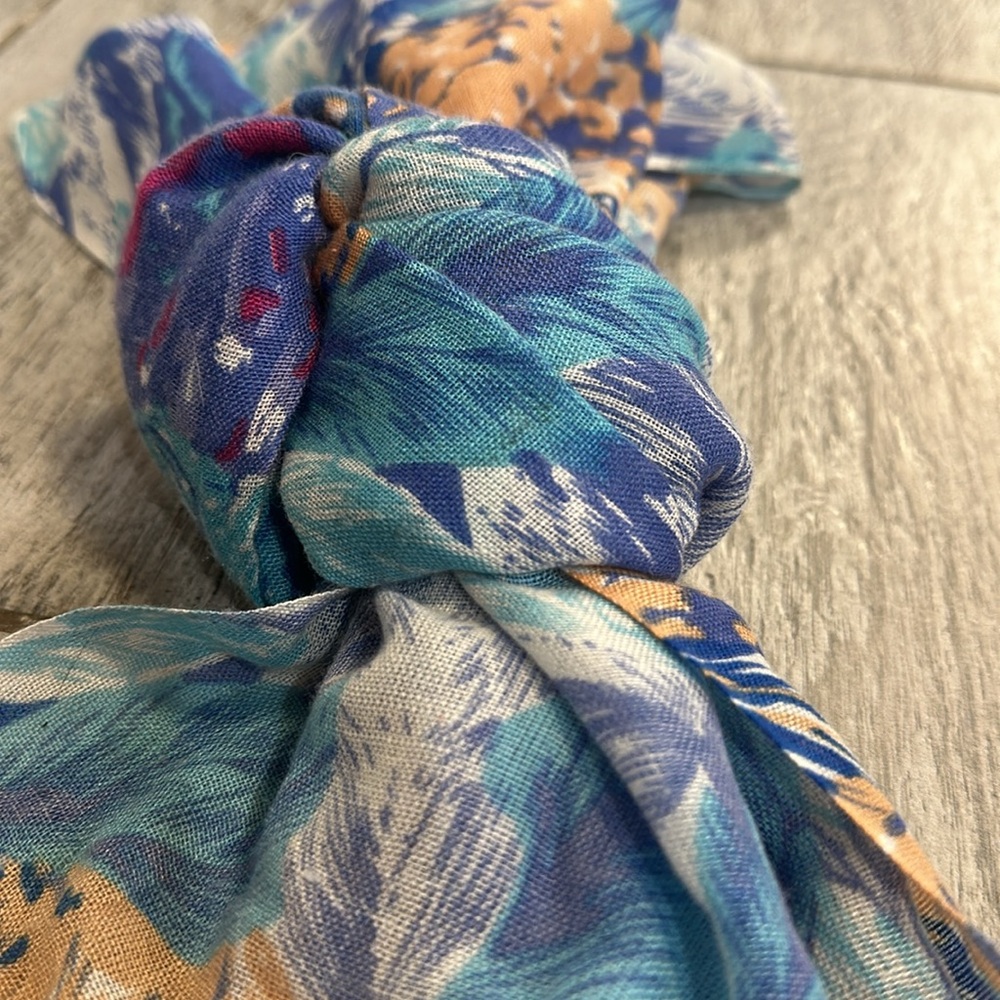 Floral Blue and Orange Spring/Summer Lightweight Scarf - Picture 2 of 3